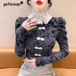 Autumn Winter Women's French Style Vintage Shirt Ruffle High Collar Elegant Blouses Female Beaded Chic Long Sleeve Slim Fit Tops