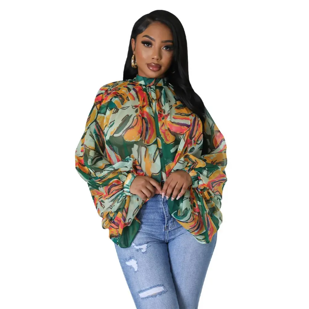 

Women's Summer Lace-up Printed Chiffon Shirt K10512 Special Bat Sleeve Top for European And American Markets