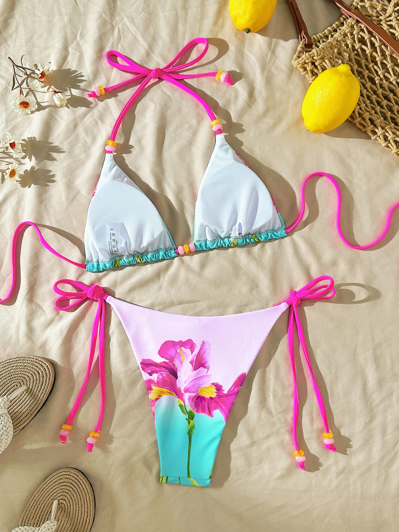 sexy purple flower print beads micro bikinis sets two pieces halter tie swimsuits bathing suit swimwear biquini tankini trikini