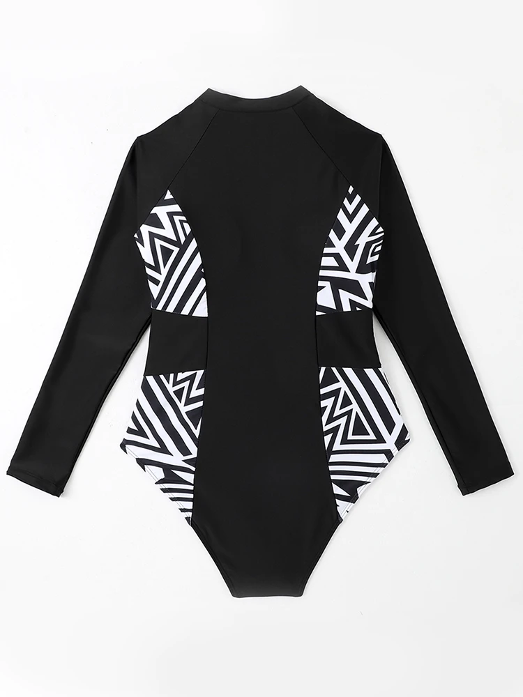 One Piece Swimsuit Women 2024 New Print Patchwork Bodysuit Sexy Zipper Long Sleeves Swimwear Summer Beach Bathing Suit Female