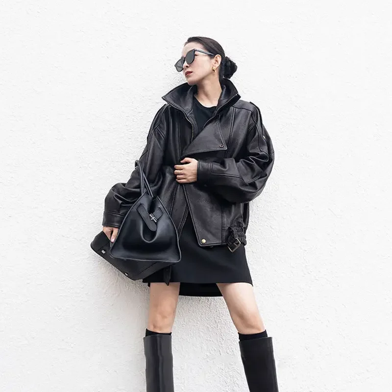 Moda e high-end resistente gola dupla jaqueta de couro para o outono feminino novo casaco solto da motocicleta