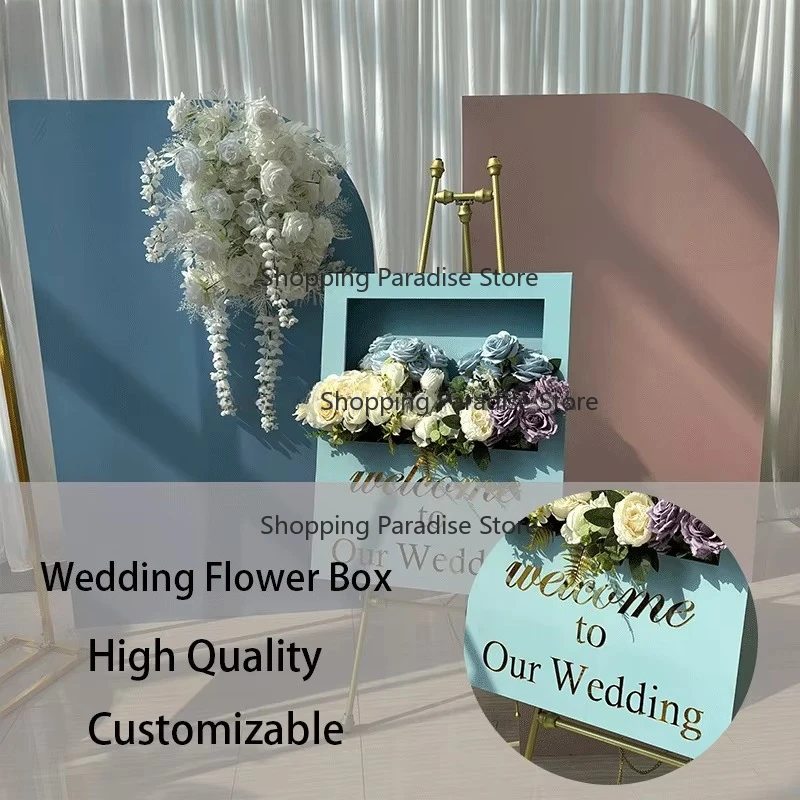 Square Wedding Event Props Welcome Sign Stand White Blue Pink Acrylic Flower Box