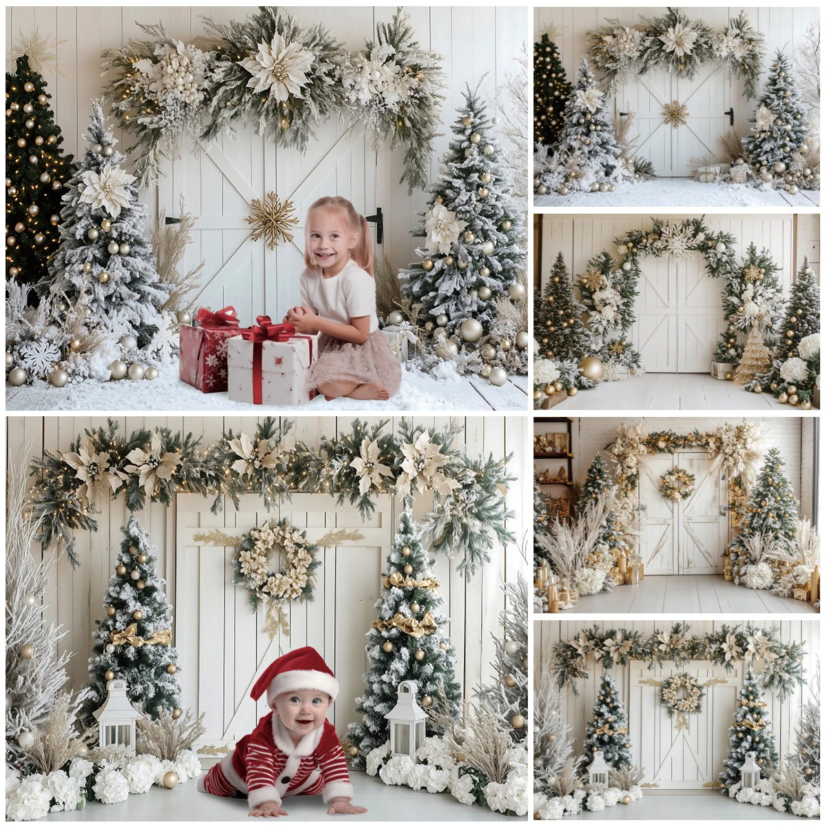 

Winter Christmas Photo Background Retro White Wood Christmas Tree Wreath Kids Portrait Birthday Decoration Photography Backdrop