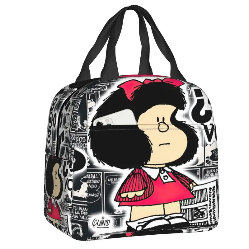 Fiambrera de Mafalda Happy Cycling para mujer, bolsa de almuerzo con aislamiento térmico de dibujos animados, bolsas de mano para niños, escuela y Picnic