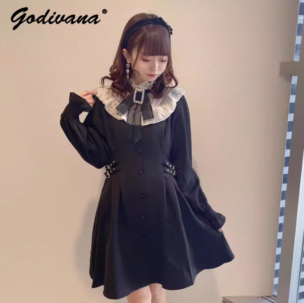 Japanese Rojita Women's Long Sleeve Dress Spring and Autumn Sweet Girl Rhinestone Buckle Slim Waist Princess Dress