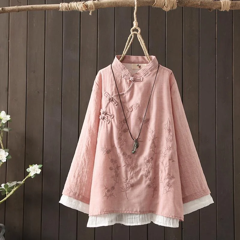 Retro Phụ Nữ Trung Quốc Áo Truyền Thống Vintage Xiên Áo Sơ Mi Vải Lanh Cotton Phương Đông Người Phụ Nữ Áo Quan Cổ Sườn Xám V2531