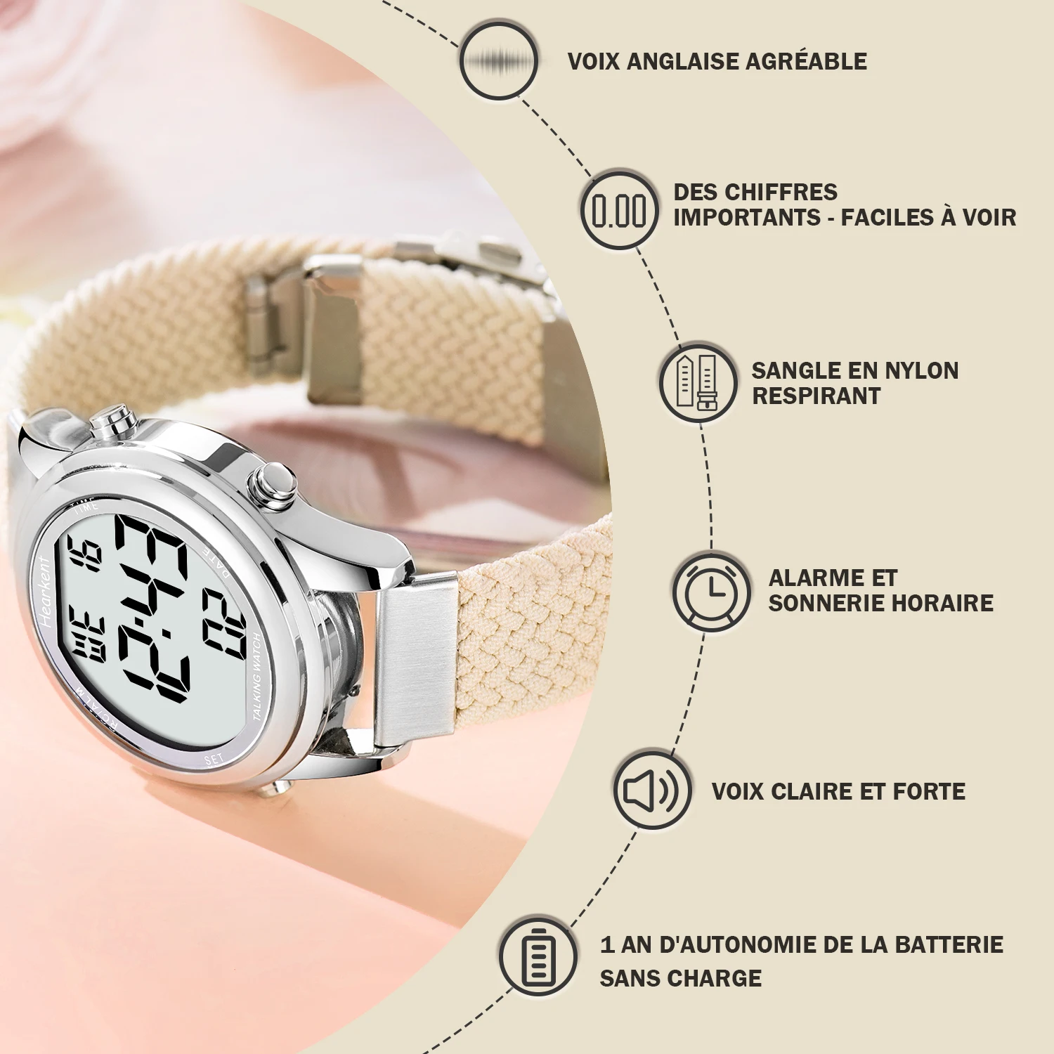 Montre parlante numérique Hearkent en français pour femmes aveugles/malvoyantes Montre-réveil parlant Montres-bracelets avec alarme et carillon à