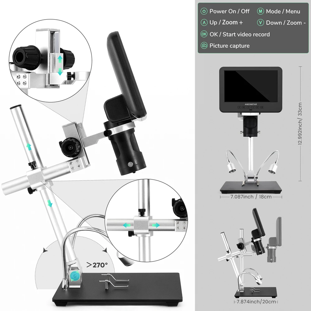 Andonstar Trinocular 2000X UHD 2160P HDMI Digital Microscope AD246SM with PC Connection for PCB Solder Check for Phone Repair