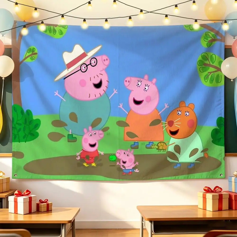 Cute Pink P-PeppaS PigS Horizontal Flag Banner Wall Hanging Tapestry Indoor Outdoor Decor