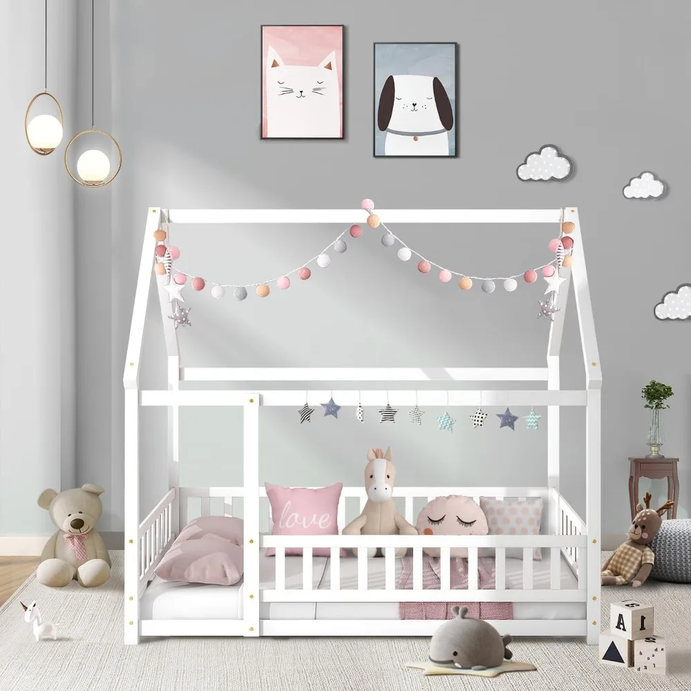 Floor Bed Frame with Roof, Wooden Montessori Bed with Fence, House Bed for Boys Girls Bedroom