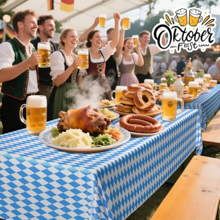 5PCS Oktoberfest Tischdecken 54" x 108" Oktoberfest Bayerische Vinyl Tischdecke Oktoberfesten Dekorationen Party Tischdecke Blau und