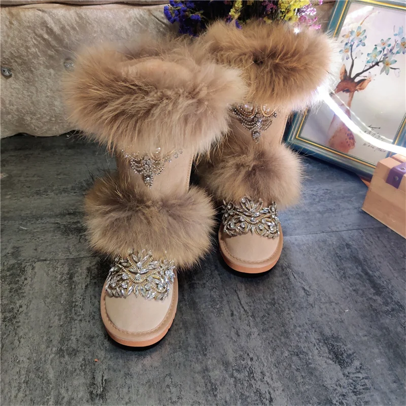 Double extra-large fox hair rhine-drill fur knee-high snow boots handmade custom large size women's cotton boots 35-44