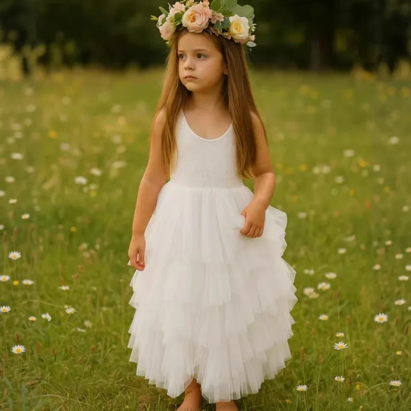 New Summer Kids Girl Princess Dress Sleeveless Lace Open Back Ruffle Tulle Tutu Children Wedding Party Formal Dresses A0001-1 image 2