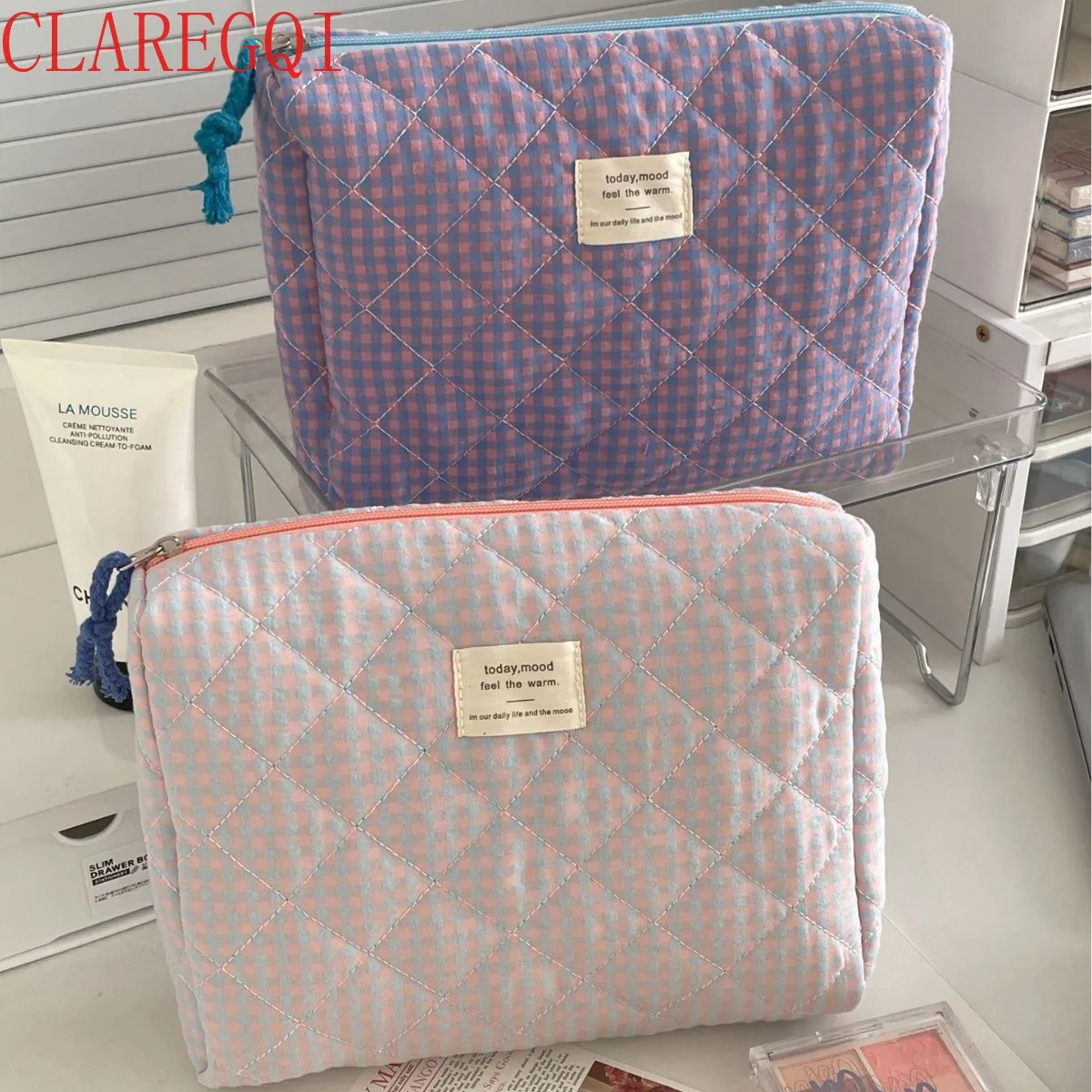 Large capacity travel toiletry bag Contrasting color plaid make up bag High quality quilting storage bag ThreepiecesetsuitCotton