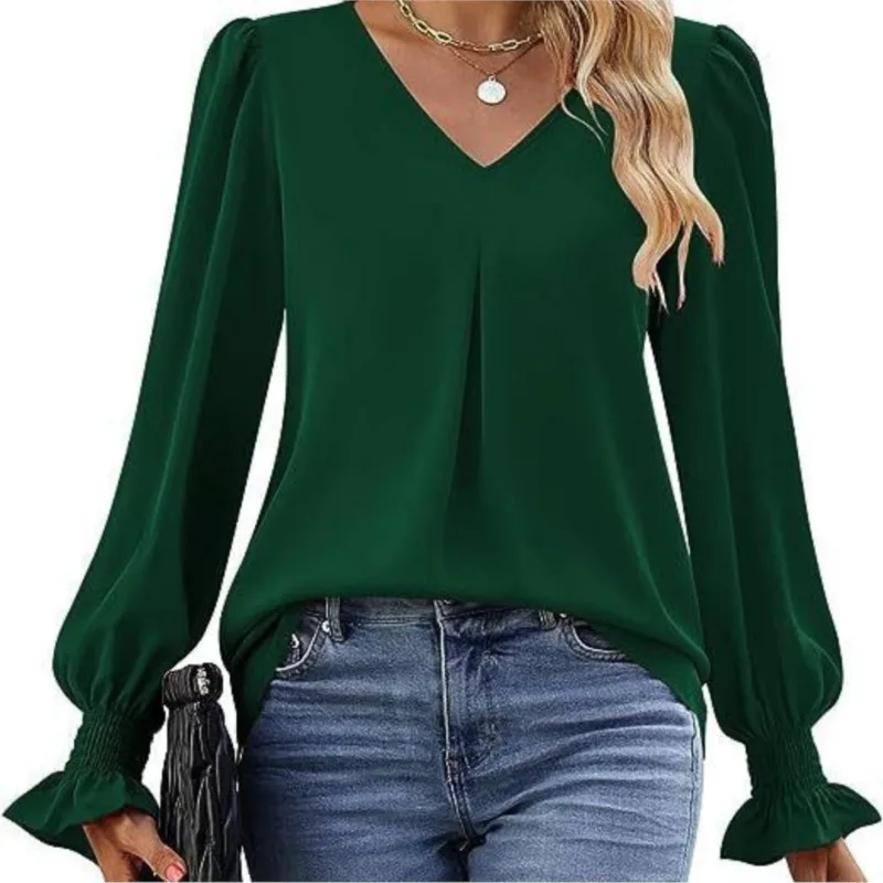 Women\'s New Solid Color Chiffon Shirt V-neck Pullover Flared Long Sleeved Top Shirt Office Lady Elegant Khaki Loose Blouses Y2k