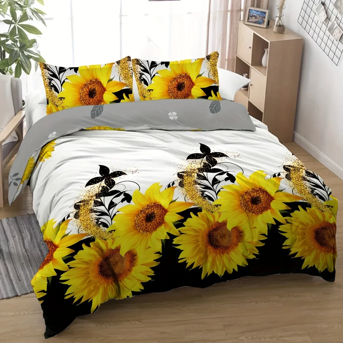 3 Pcs Sunflower Pattern Duvet Cover Set - Lightweight And Easy To Clean Bedding - Comfortable And Soft Pillowcases