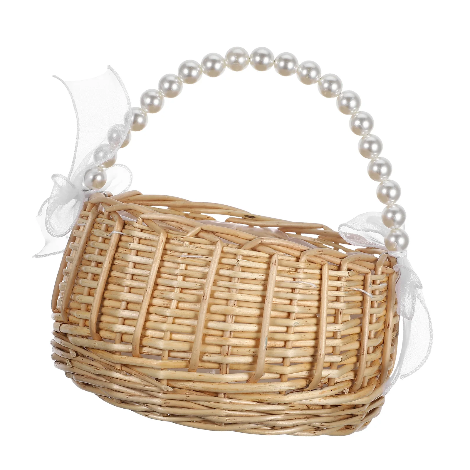 

Elegant Woven Storage Basket Pearl Handle Ribbon Wedding Flower Girl Basket Wicker Rattan Handmade Willow Bridal Shower