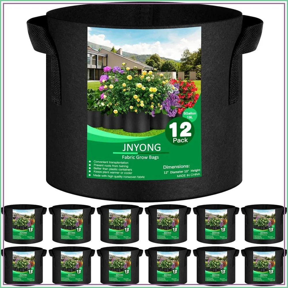12-Pack 5 Gallon Thickened Non-Woven Grow Bags with Handles, Aeration Fabric Pots