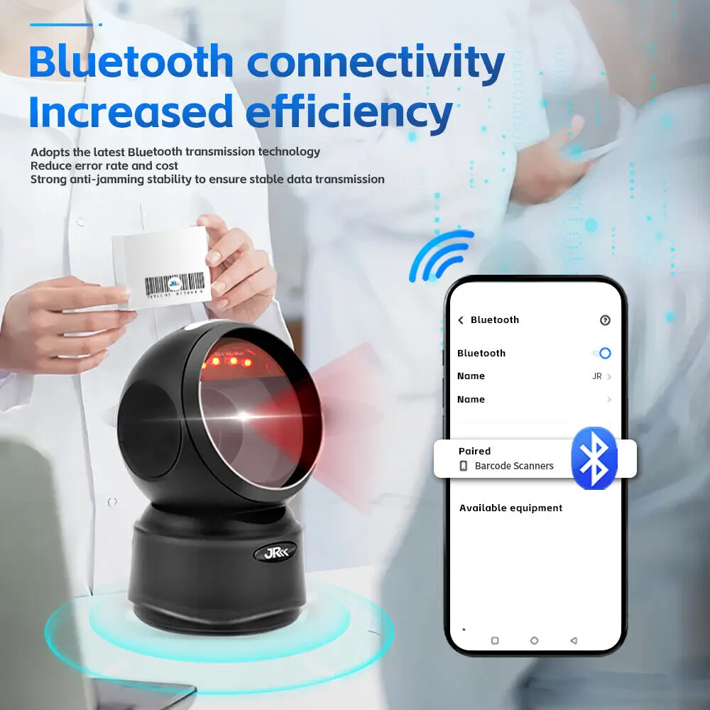 JOOYTEC Wireless Bluetooth Desktop 1D 2D Barcode Scanner Automatic Sensing Hands-Free For supermarket Shop