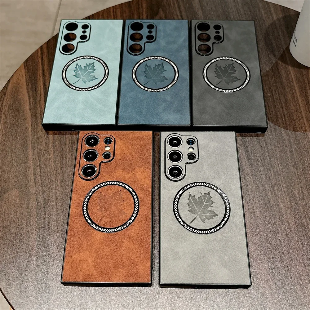 Magnetic PU Leather Phone Cases For Samsung Galaxy S26 S25 S24 S23 Ultra Plus Maple Leaf Camera Lens Protection Shockproof Cover