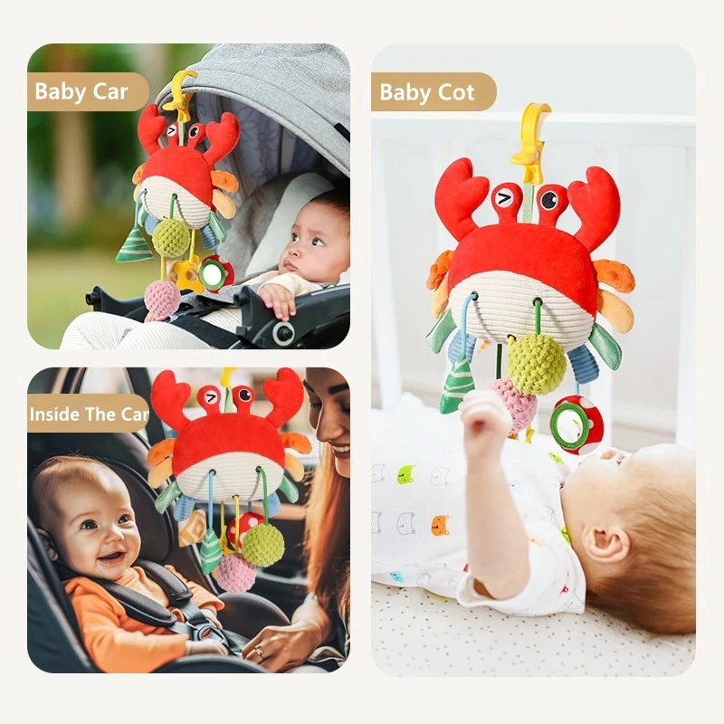 Cama de bebé de pollo y cangrejo de dibujos animados, juguetes colgantes con sonajeros, mordedor, carrito de coche, cuerda de tracción de felpa, juguete Montessori para recién nacido