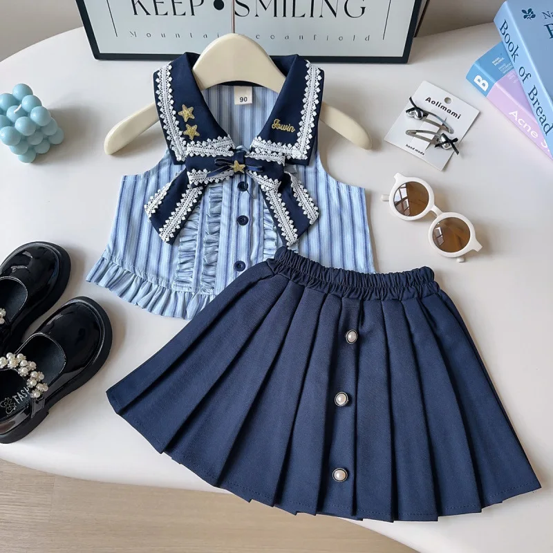

New Product2025Girl's Summer Fashionable Sleeveless Lace Shirt Vest and Pleated Skirt Two-Piece Set