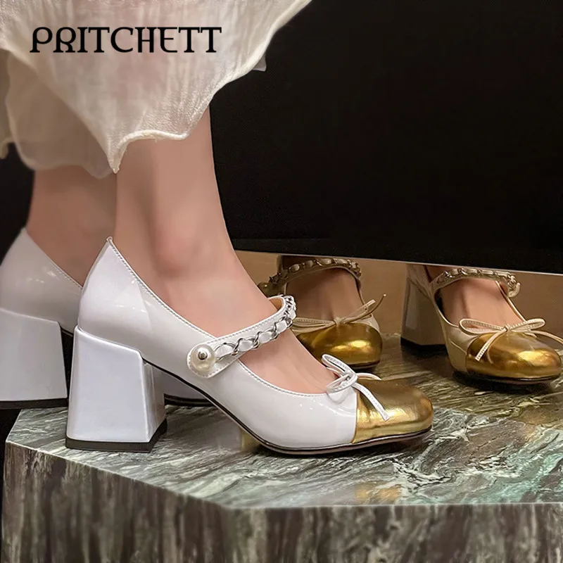 Bow Mary Jane Pearl Shoes Color Matching Round Toe Square Root Sweet High Heels Silver Chain Buckle Fashion Women's Shoes