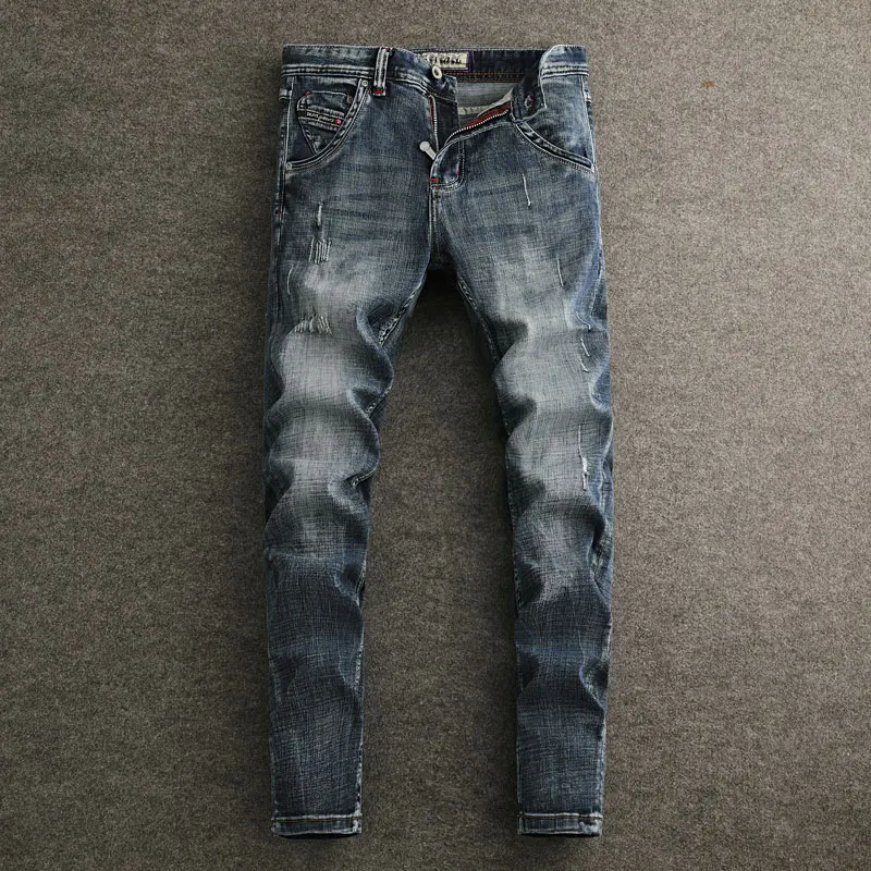 

Italian Style Fashion Men Jeans Retro Black Blue Stretch Slim Fit Designer Ripped Jeans Men Vintage Casual Denim Pants Hombre