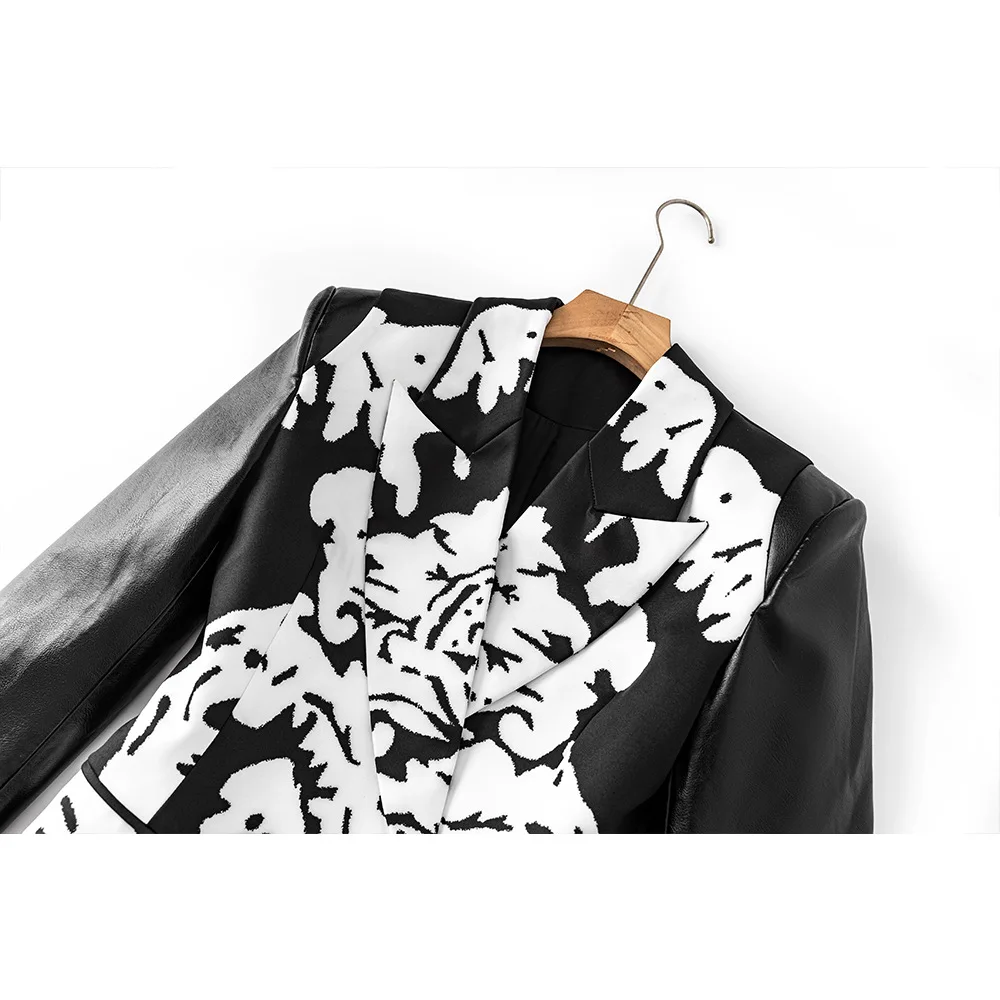 Spring New Design Pu Leather Sleeve Patchwork Print Slim Fit Waist Cinching Women Suit Jacket
