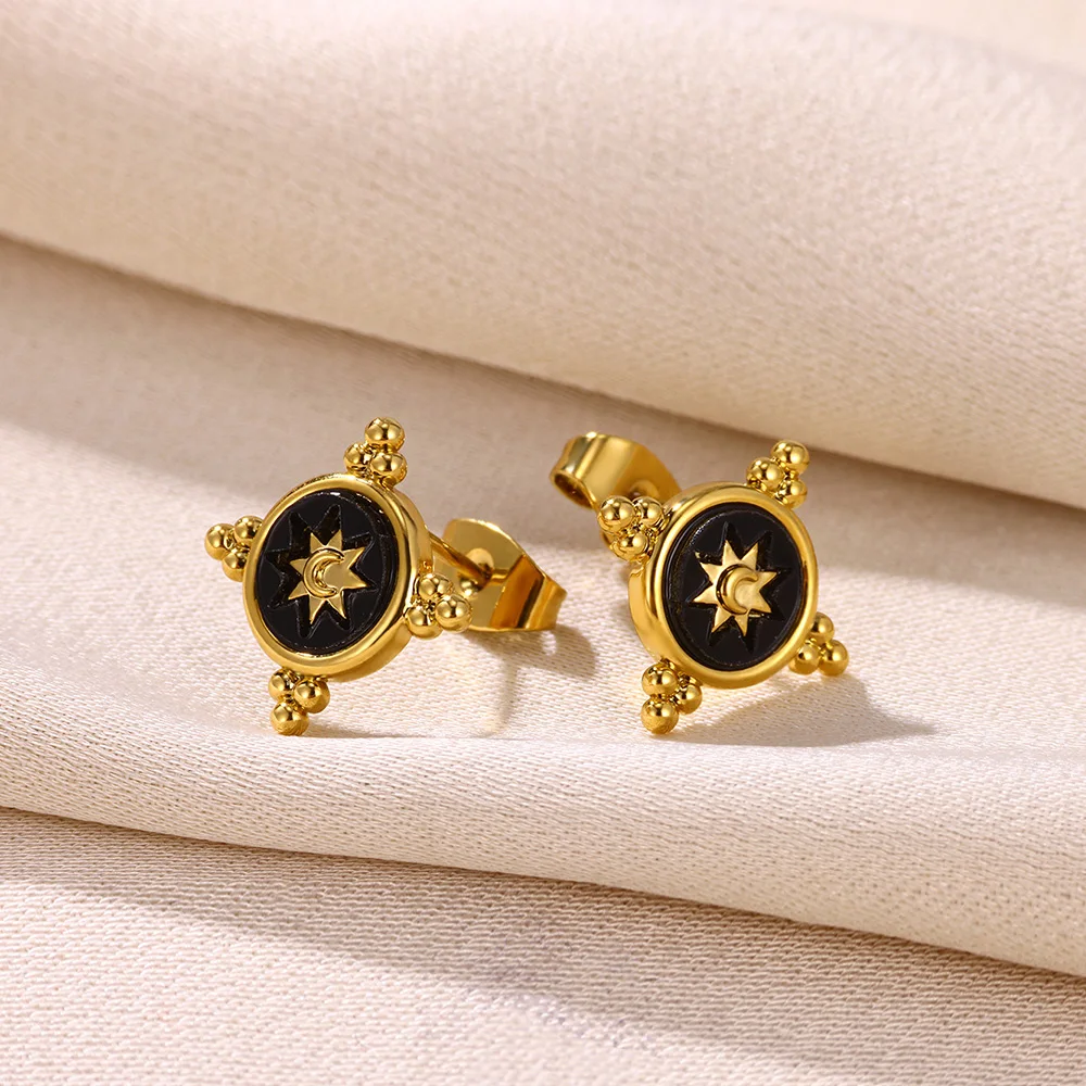 Vintage Unisex Round Stud Earrings With White Black Enamel Color Ear Earrings Crescent Moon Pattern Metal Earings Women Jewelry image 5