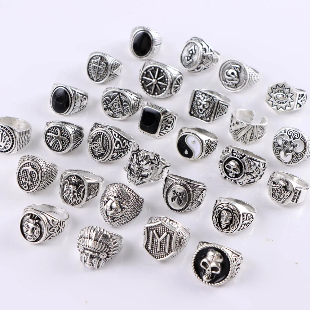 

30Pcs/Lot Vintage Punk Rings For Women Men Mix Style Gothic Tai Chi Skull Tree Jewelry Party Gift Wholesale