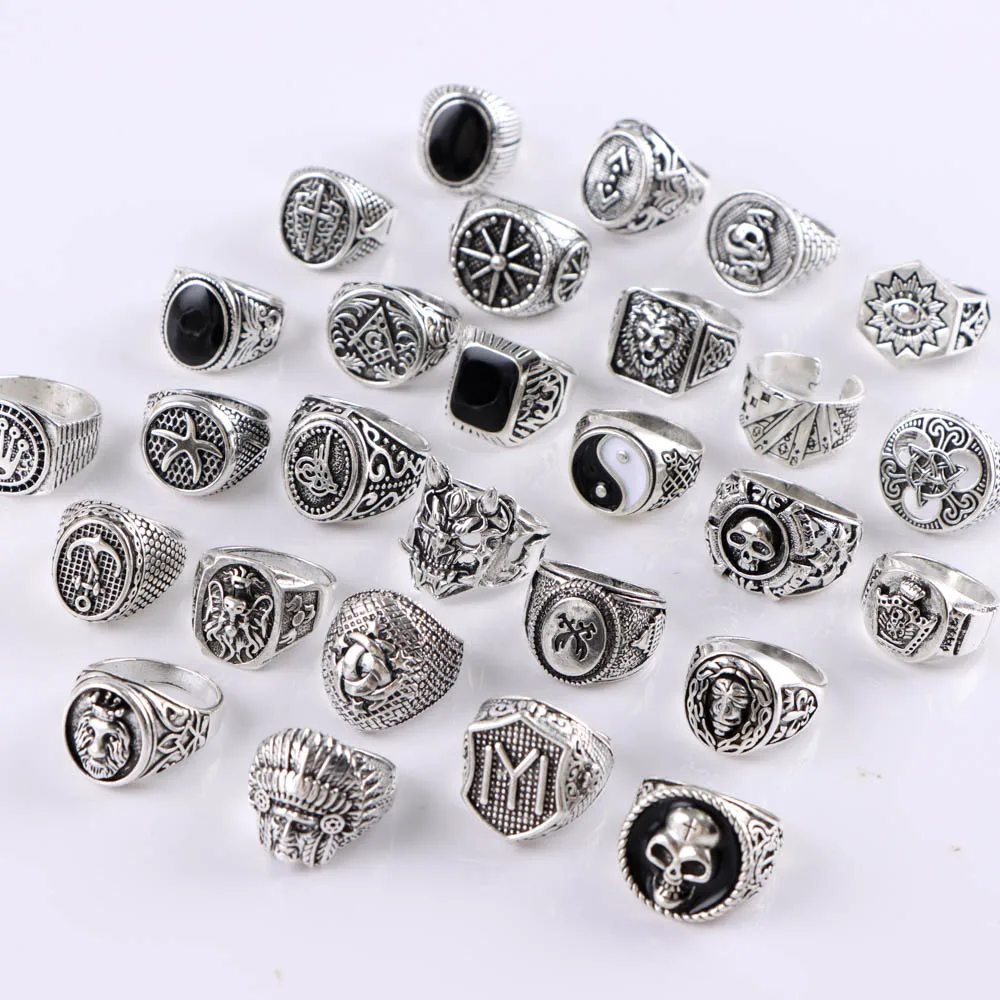 30Pcs/Lot Vintage Punk Rings For Women Men Mix Style Gothic Tai Chi Skull Tree Jewelry Party Gift Wholesale