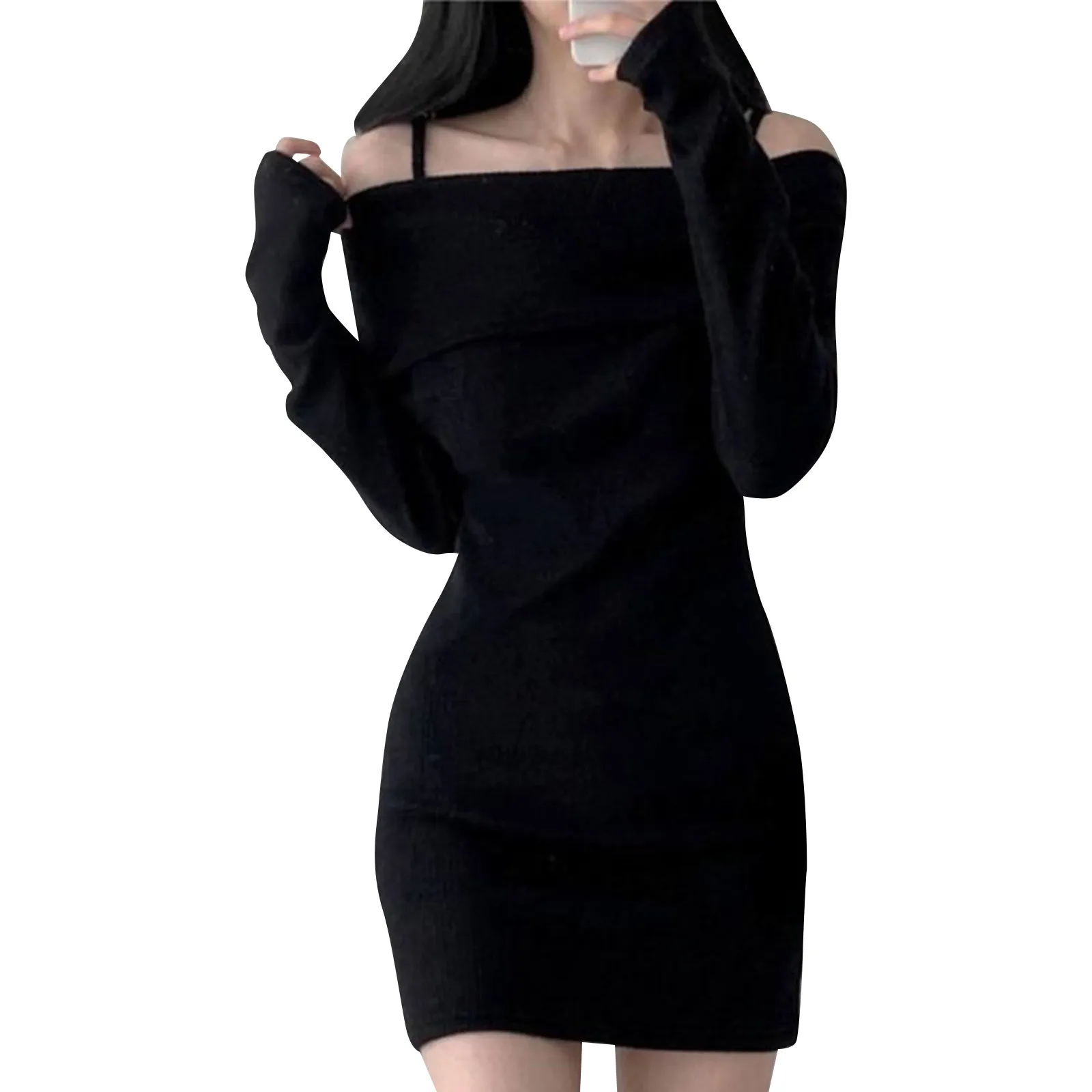Off Shoulder Knitted Mini Dresses Long Sleeve Boat Neck Crochet Slim Fit Plain Mini Black Guest Dresses Fall Collection 2024