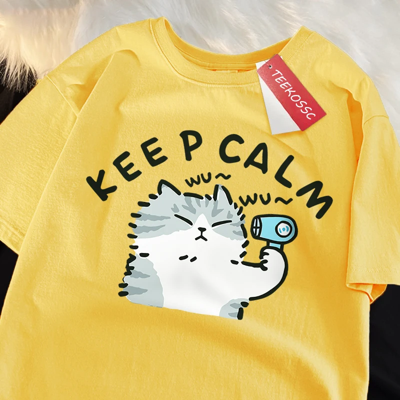 متعة القط باستخدام مجفف الشعر النمط الياباني تي شيرت الرجال لطيف جودة تي شيرت أزياء الملابس القطنية الكرتون فضفاضة قصيرة الأكمام