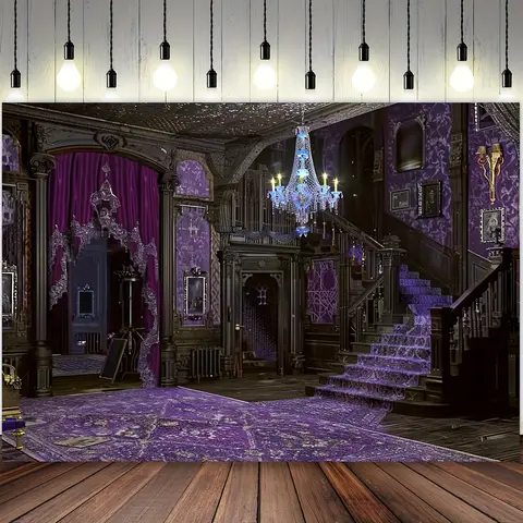Luxurious haunted house backdrop - ghostly purple carpet, grand staircase, and crystal chandeliers for interior photography