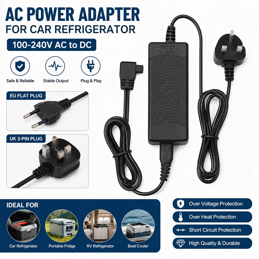 AC Power Adapter Charger for Car Refrigerator Portable Fridge Flat Plug 3-Pin Plug EU/UK 100-240V AC to DC