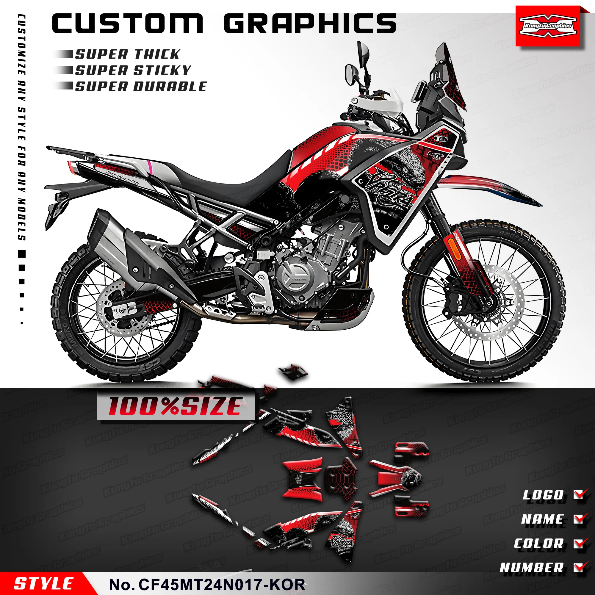 

Клейкая наклейка KUNGFU GRAPHICS для CFMOTO 450MT 450 MT 450, черный змеиный красный, CF45MTBOX24N017-KOR
