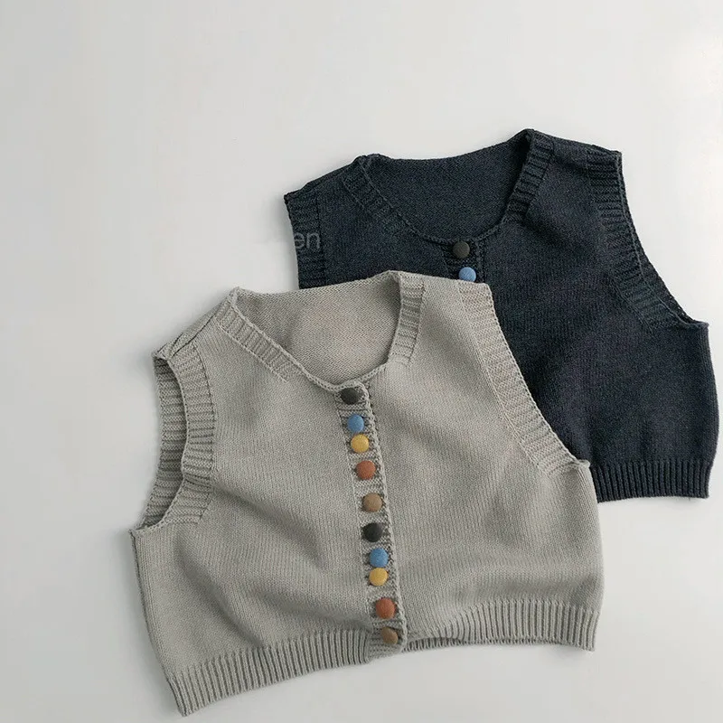 LILIGIRL 2025 Korean-style Spring and Autumn Children's Knitted Vest, Boys and Girls' Colorful Button Pure Cotton Cardigan
