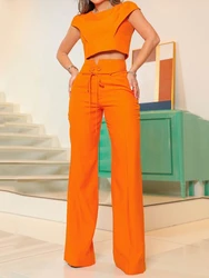 Two Piece Sets Women Pants Set Casual Slim Orange Round Neck Short Sleeve Tops Lace Up High Waist Straight Long Pants Splice