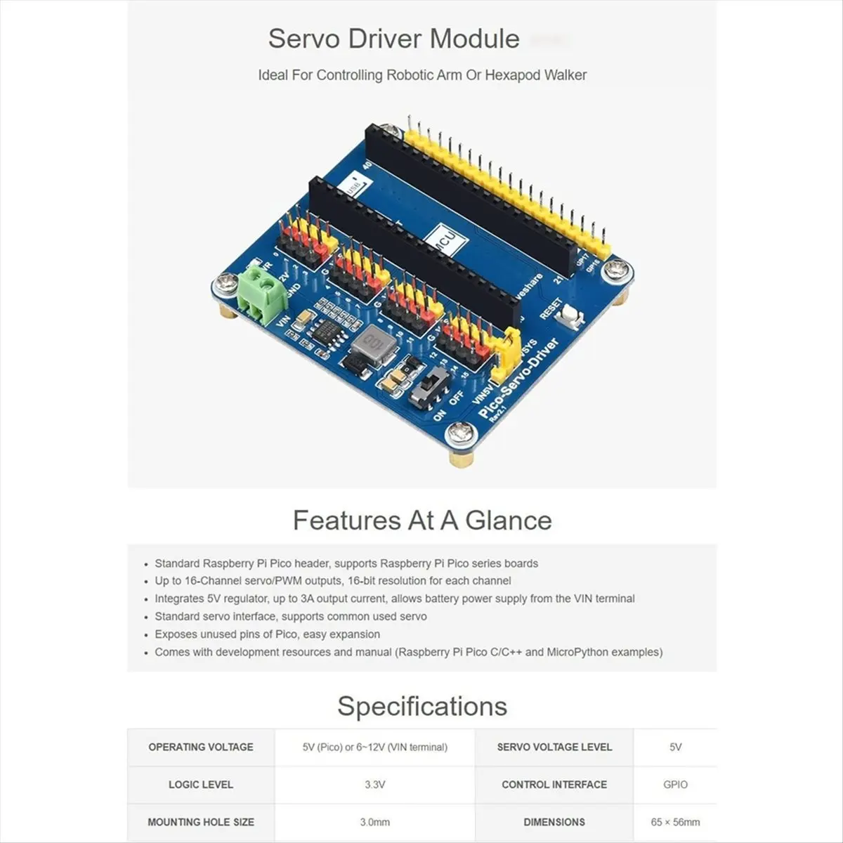 A23G Servo Driver Module for Raspberry Pi Pico Ideal for Robotic Arms & Hexapod Walkers 16-Bit Resolution Servo Drive Board