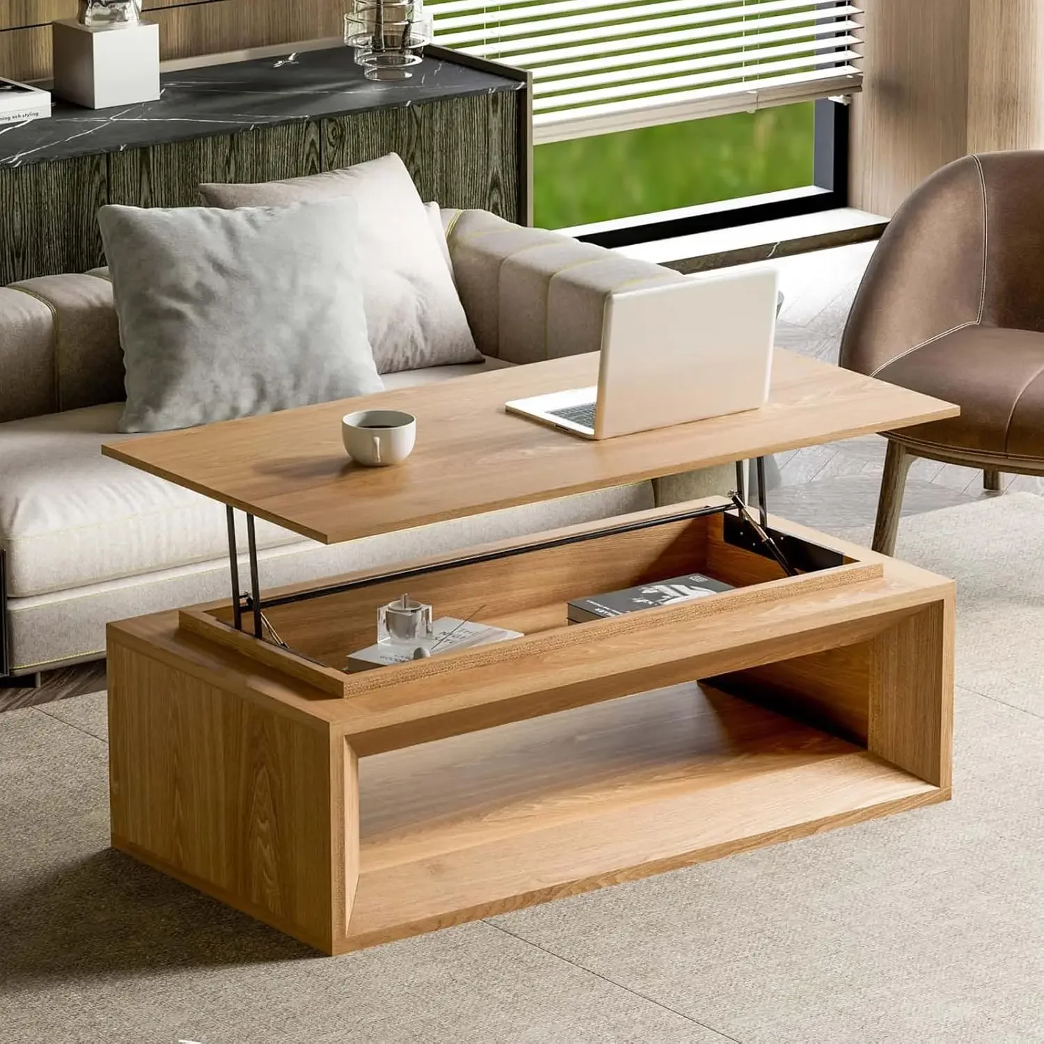 43.3'' Rectangle Lift Top Coffee Table with Storage & Adjustable Height, Mid Century Modern Center Table Accent Tea Table or Liv
