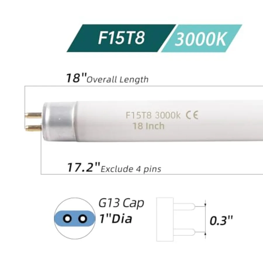 2 Pack 15W T8 3000K Fluorescent Replacement Tube, 18Inch Fluorescent Linear Tube Bulb F15T8 for G13 Base 15W 3000K