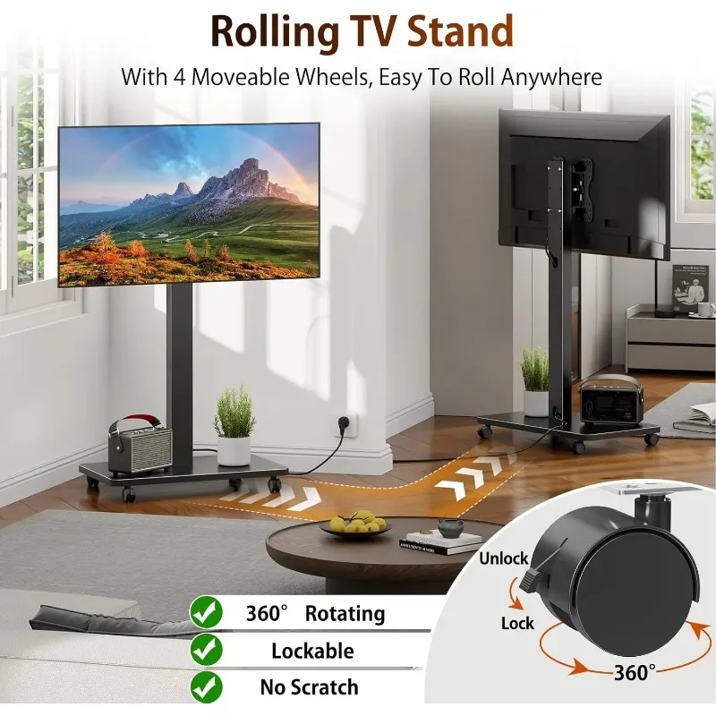 Adjustable Portable TV Stand With Rotating Portrait to Landscape Height with Wheels Rolling TV Stand for 10