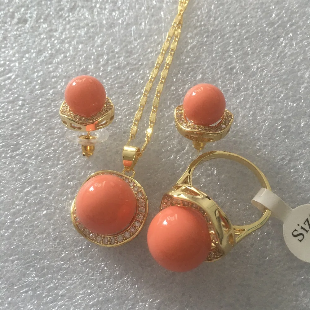 wholesale noble jewelry set 18KGP+12-14mm orange shell pearl,ring, pendant stud earring jade