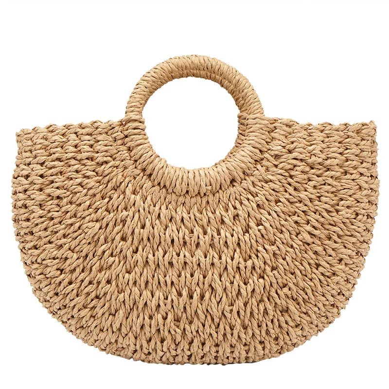 

Fashionable straw woven bag, solid color paper rope, round bucket bag, leisure vacation beach bag, handbag, leisure shopping, di