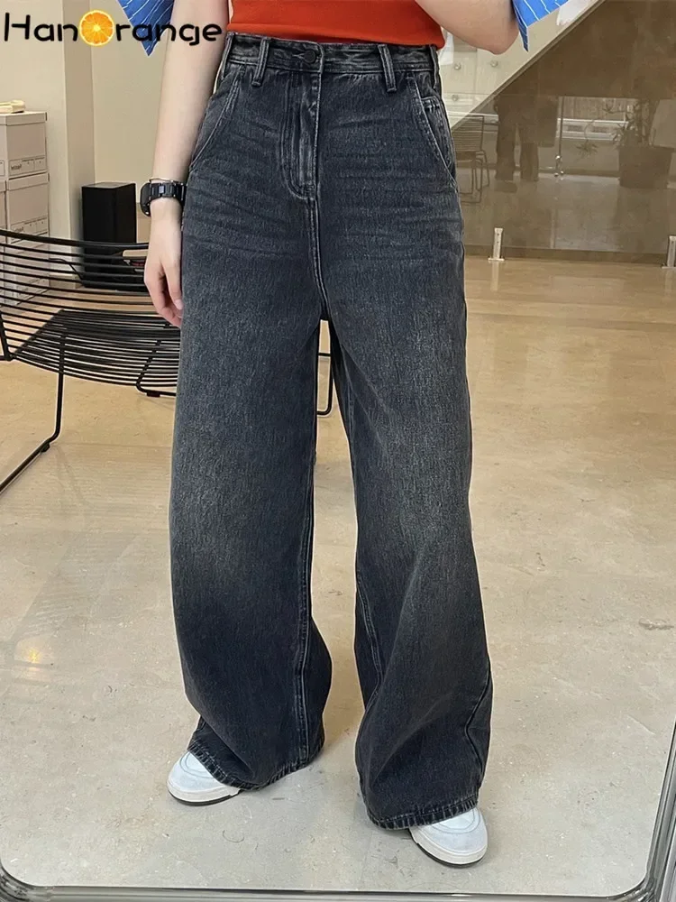 

HanOrange Wide Leg Cotton Jeans Women Spring Retro Fashionable Washed High Waist Casual Loose Gray Black Denim Trousers Female