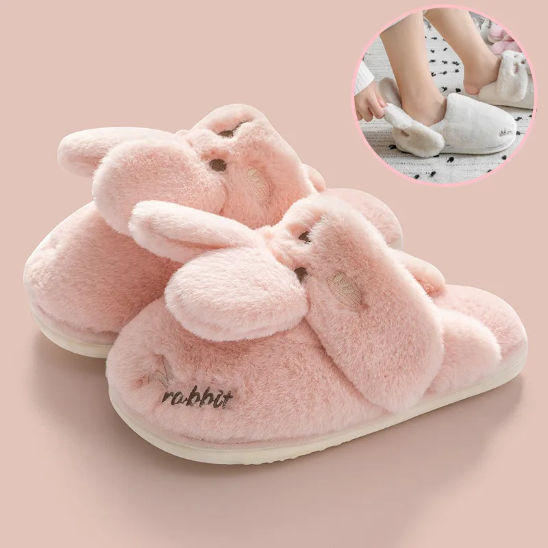 Women Winter Home Slippers Non-Slip Soft Warm House Shoes Men Ladies Indoor Bedroom Couples Cartoon Rabbit Bear Floor Slides