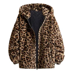 Leopard Women Winter Jackets Fuzzy Fleece Long Sleeve Zipper Hooded Jacket Coats Thermal Parka Female Thickened Outerwear