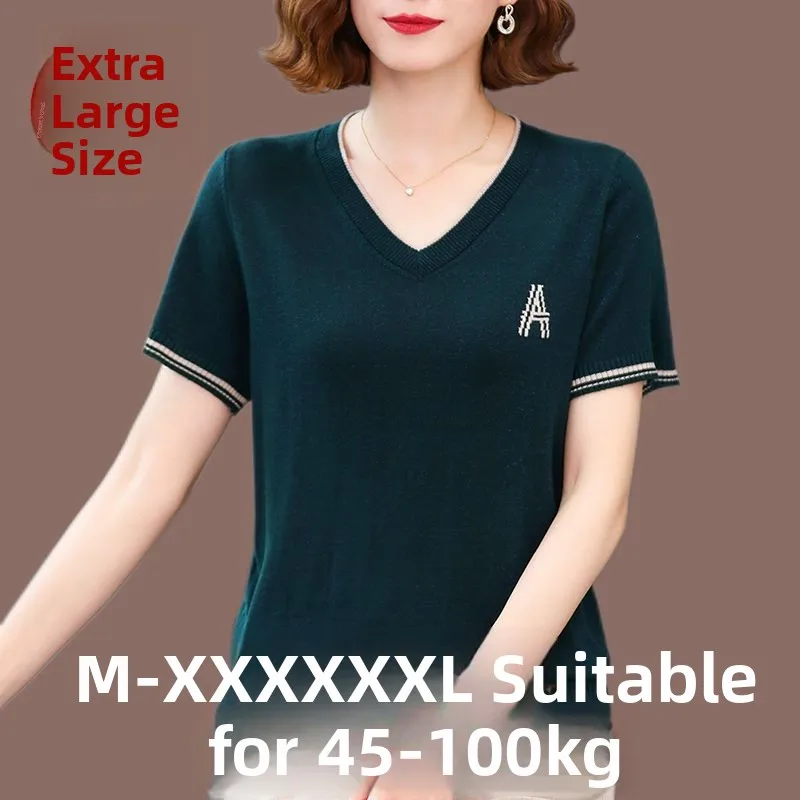 Extra Large Ice Silk Short Sleeve T-Shirt Women's V-Neck Loose Knitted Summer Top Breathable Casual Style Mommy's Fashion