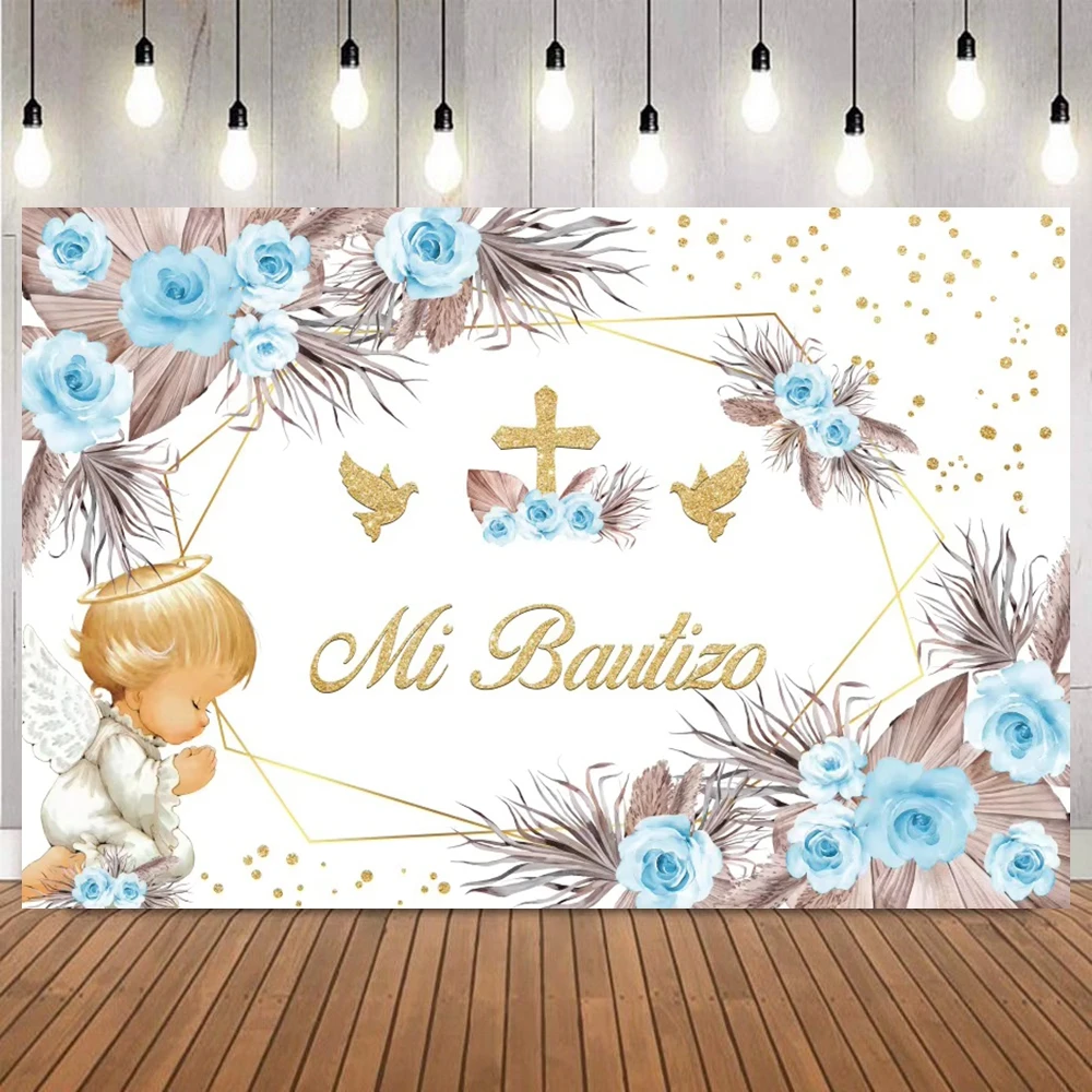Boy Girl Newbron First Communion Photography Backdrop Gold Cross Grail God Bless Baptism Christening Banner Photo Background